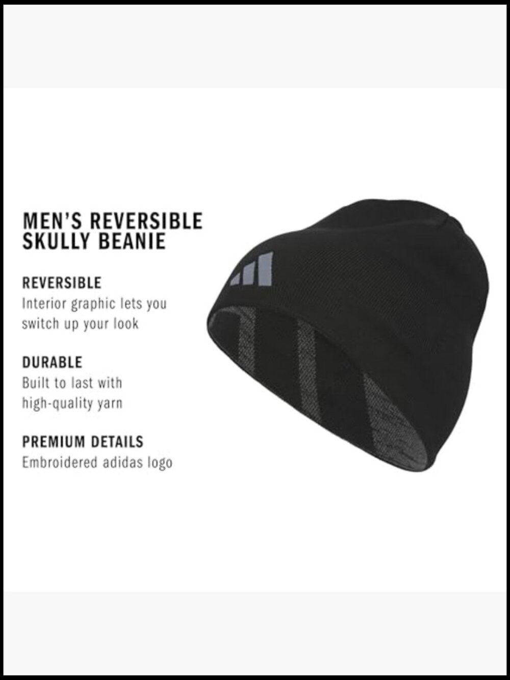 Reversible Beanie with Debossed Three-Stripe Design - Acrylic - Picture 2 of 7